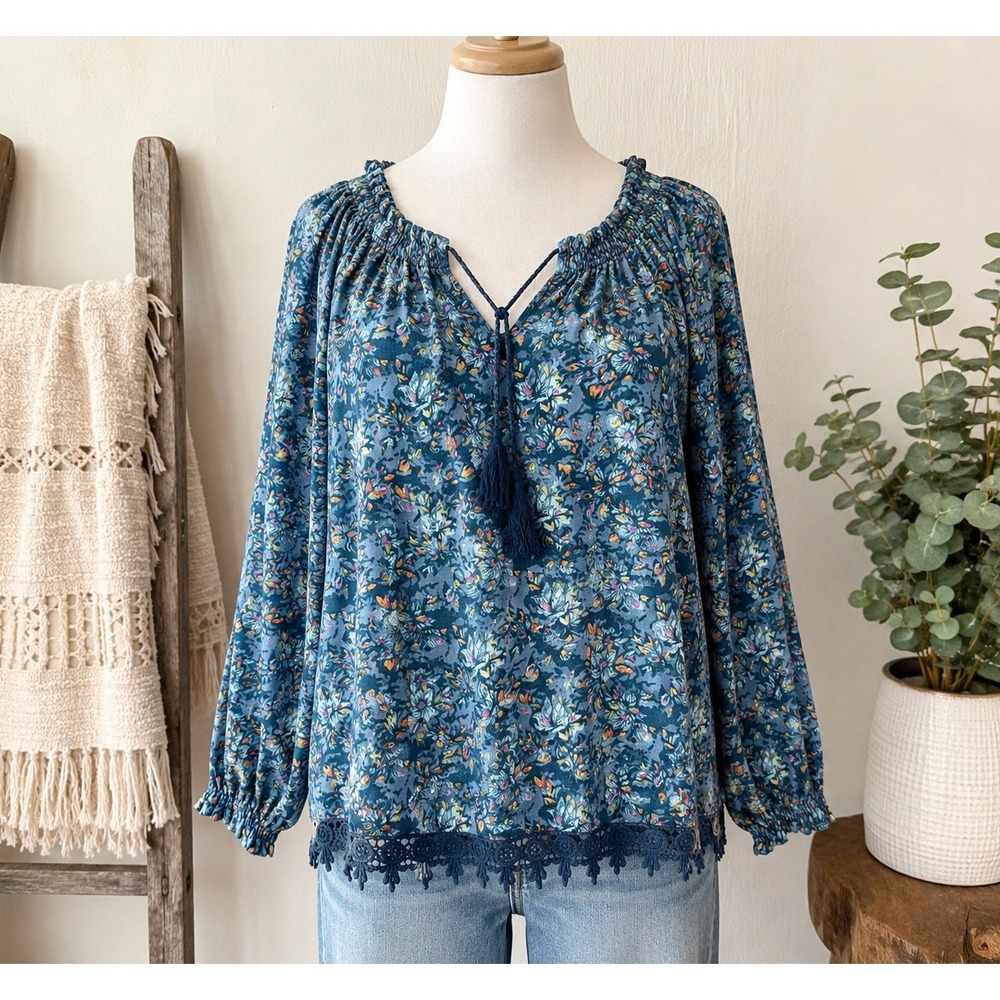 Boho Floral Peasant Blouse Tassel Lace Trim Large Panhandle